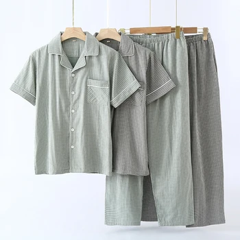 Простая свободная летняя мужская хлопчатобумажная пижама, тонкие длинные брюки с короткими рукавами, весенняя и осенняя домашняя одежда