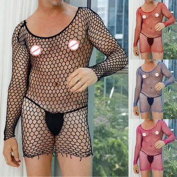 2023 Новая пижама в сеточку, Нижнее белье, Сексуальное женское белье, Мужской сетчатый топ с длинным рукавом, Прозрачный эротический вырез для взрослых мужчин
