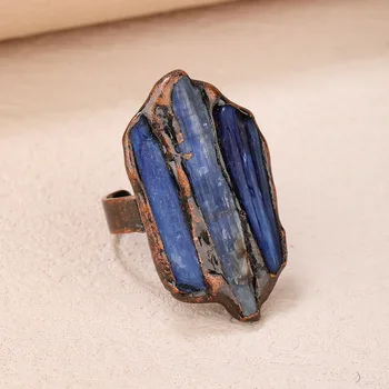 YEEVAA Нерегулярное Аквамариново-синее кольцо с необработанным камнем, Целебный Кристалл, Винтажное Регулируемое Открытое Широкое Кольцо с драгоценным камнем, Ювелирный подарок