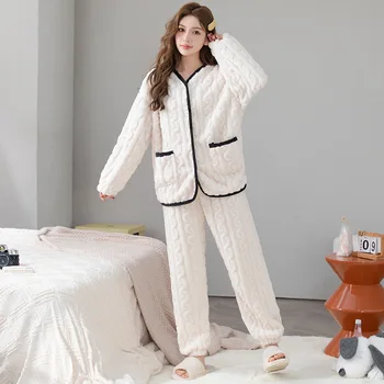 Женский пижамный комплект больших размеров, осенне-зимняя теплая домашняя одежда, женская свободная повседневная милая пижама, брюки с длинными рукавами, пижамный костюм