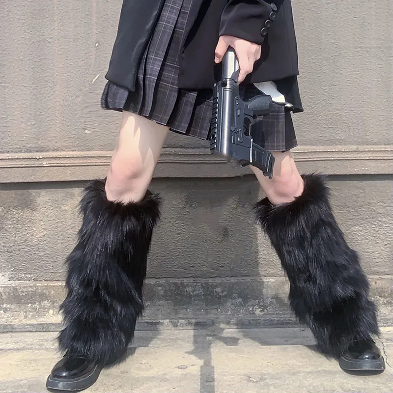 Женщины Девушки Harajuku Пушистый Искусственный Мех Зимняя Пушистая Грелка для ног Lady Gothic Y2k Lolita Косплей Милые Теплые Сапоги Чехол На Рождество