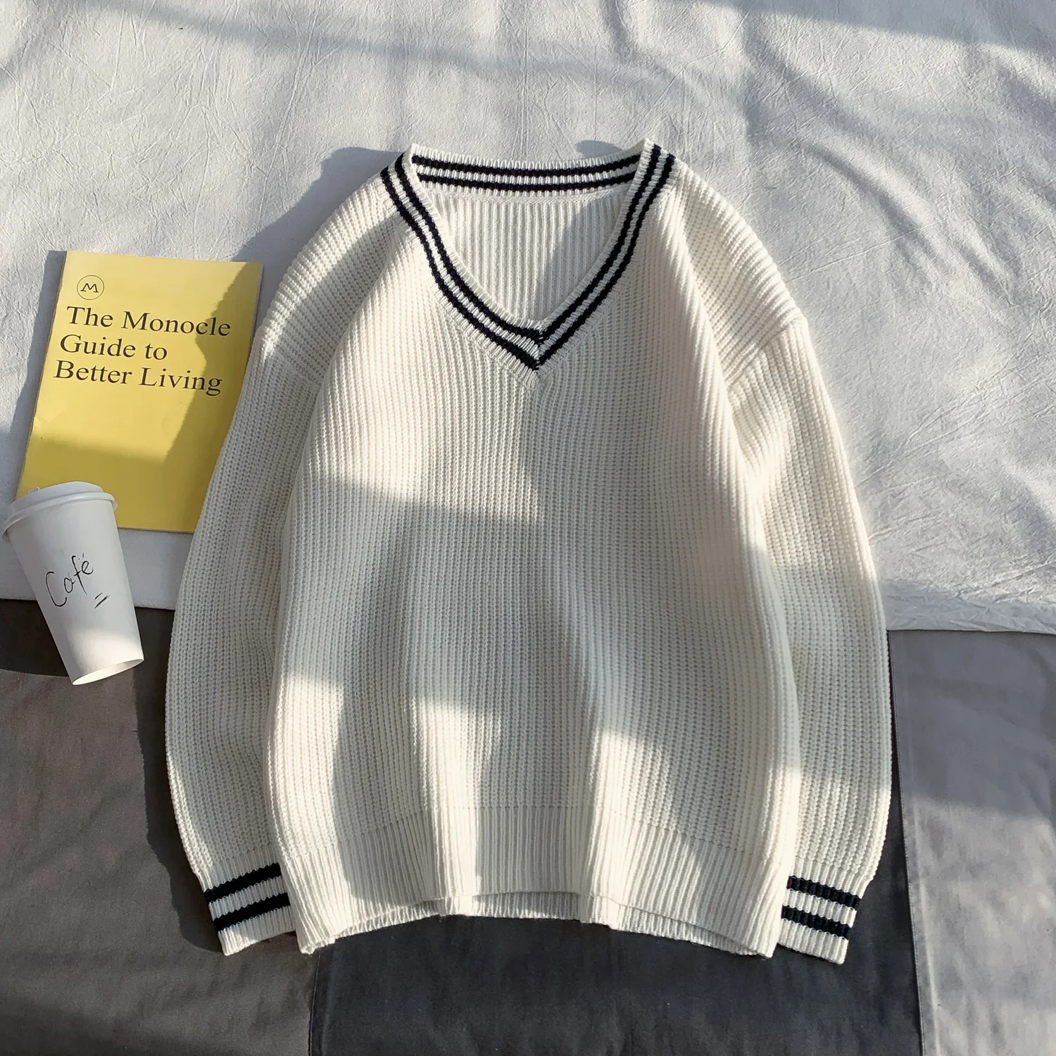 Осенний свитер с V-образным вырезом в стиле колледжа, Мужской Свободный повседневный уличный пуловер, Вязаные свитера, Литературная куртка, Мужская одежда