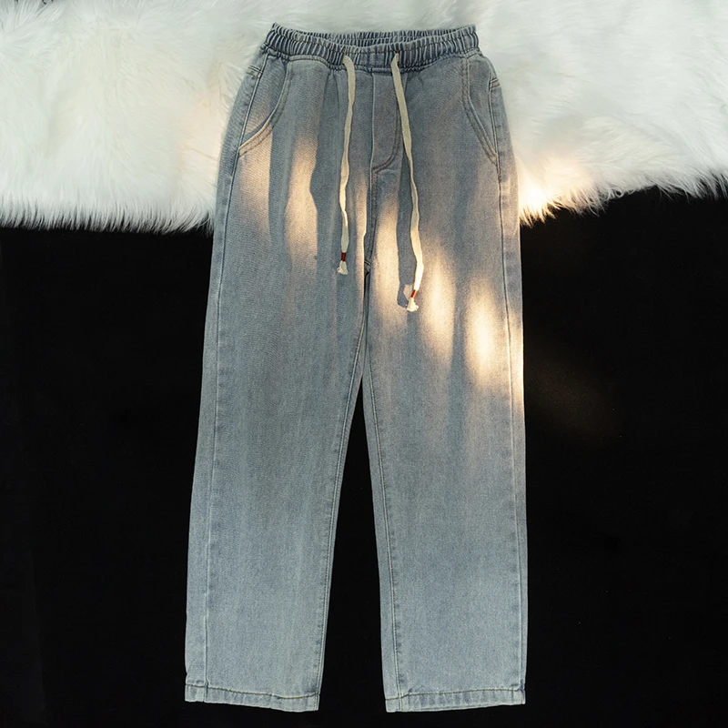 Прямые Свободные джинсы мужские Ретро Хай Стрит Оверсайз Повседневные джинсовые брюки С эластичной талией, Выстиранные джинсовые брюки в стиле хип-хоп, мужские B55
