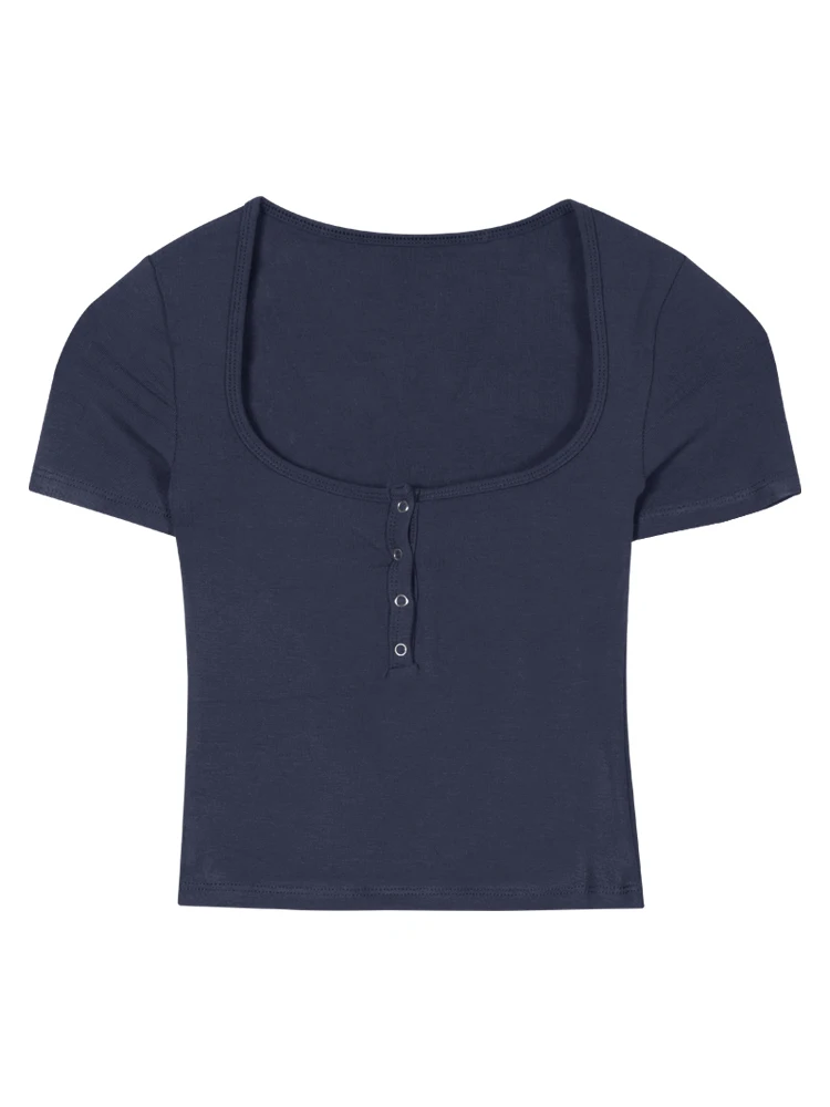Уличная одежда American Spicy Girl, укороченный топ, женский летний облегающий топ с тонким низом, синяя футболка с коротким рукавом, женская одежда