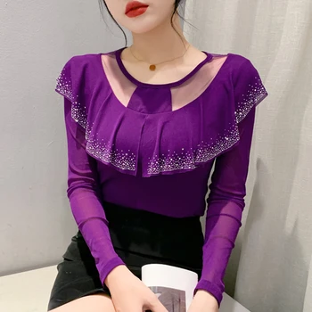 Корейская модная женская футболка 2023, осенние топы в стиле пэчворк с круглым вырезом и оборками с длинным рукавом, рубашка с бриллиантами