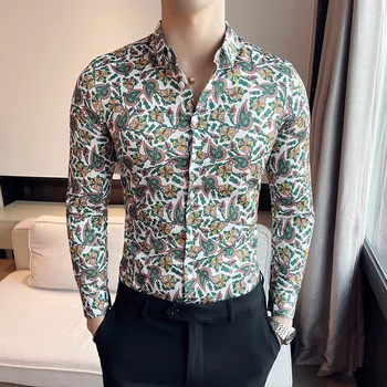 Весенне-летняя мужская тонкая роскошная социальная рубашка, рубашка с цифровым принтом, рубашка с длинным рукавом, мужская клубная рубашка, размер M-4XL