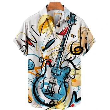 Летние гавайские рубашки для мужчин, топы с принтом музыкальной гитары, одежда, модные повседневные блузки в стиле рок-н-ролл с большим воротником