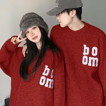 Осенне-зимний рождественский свитер для пары 2023, Новогодний пуловер, Толстый Свободный повседневный красный свитер с круглым вырезом для мужчин и женщин