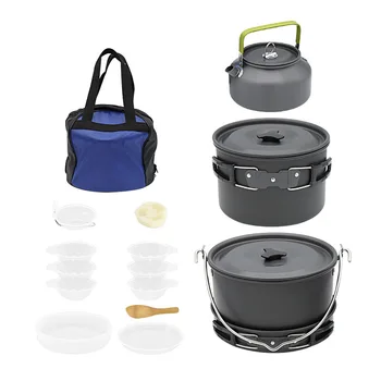 Набор посуды для кемпинга, алюминиевый набор для приготовления пищи на открытом воздухе, чайник для воды, кастрюля, Дорожные столовые приборы, посуда для барбекю, Походные инструменты для пикника