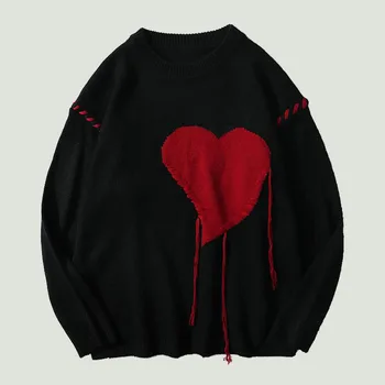 Вязаные уродливые свитера с кисточками в форме сердца в стиле харадзюку, мужские хип-хоп Винтажные повседневные свободные пуловеры в стиле колледжа с круглым вырезом, пары