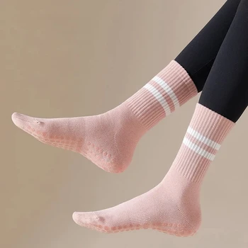 Женские носки для йоги средней длины, хлопчатобумажные профессиональные нескользящие силиконовые носки для фитнеса в помещении, носки для пола, спортивные носки для танцев, пилатеса