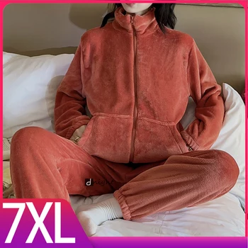 Женская теплая зимняя пижама, комплект пижам, плюс размер 7XL, бархатная ночная одежда из 2 предметов, домашний костюм, теплая ночная одежда с круглым вырезом, домашняя одежда