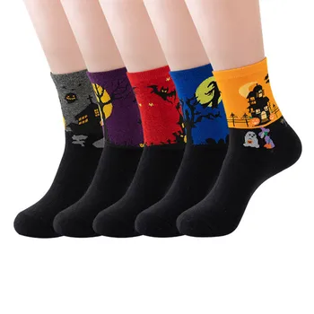 Женские носки для Хэллоуина до середины икры С милым рисунком Для придания тепла, носки в стиле хип-поп, нескользящие носки Sokken, разноцветные Соккенс 