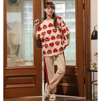 Повседневный женский пижамный комплект, Лето-осень, Футболка с буквенным принтом 
