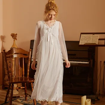 Пижамы принцессы, Сетчатое ночное платье с вышивкой, Женское осеннее Однотонное Длинное платье Феи, Пеньюар, Винтажные Викторианские ночные рубашки