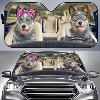 Забавная Пара Голубых Хилерских Собак, Управляющая Левосторонним Автомобильным Солнцезащитным Козырьком, Милые Голубые Хилерские Собаки В Розовой Повязке На Голове и Очках Auto Sun S